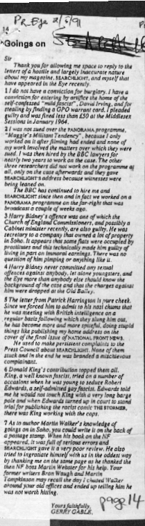 GERRY GABLE LETTER TO PRIVATE EYE