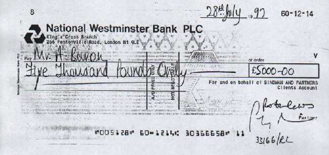 CHEQUE FROM GERRY GABLE'S SOLICITORS TO ALEXANDER BARON